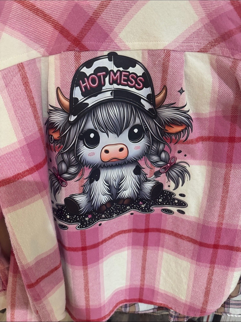 Hot Mess Cow Graphic Pink Plaid Shirt